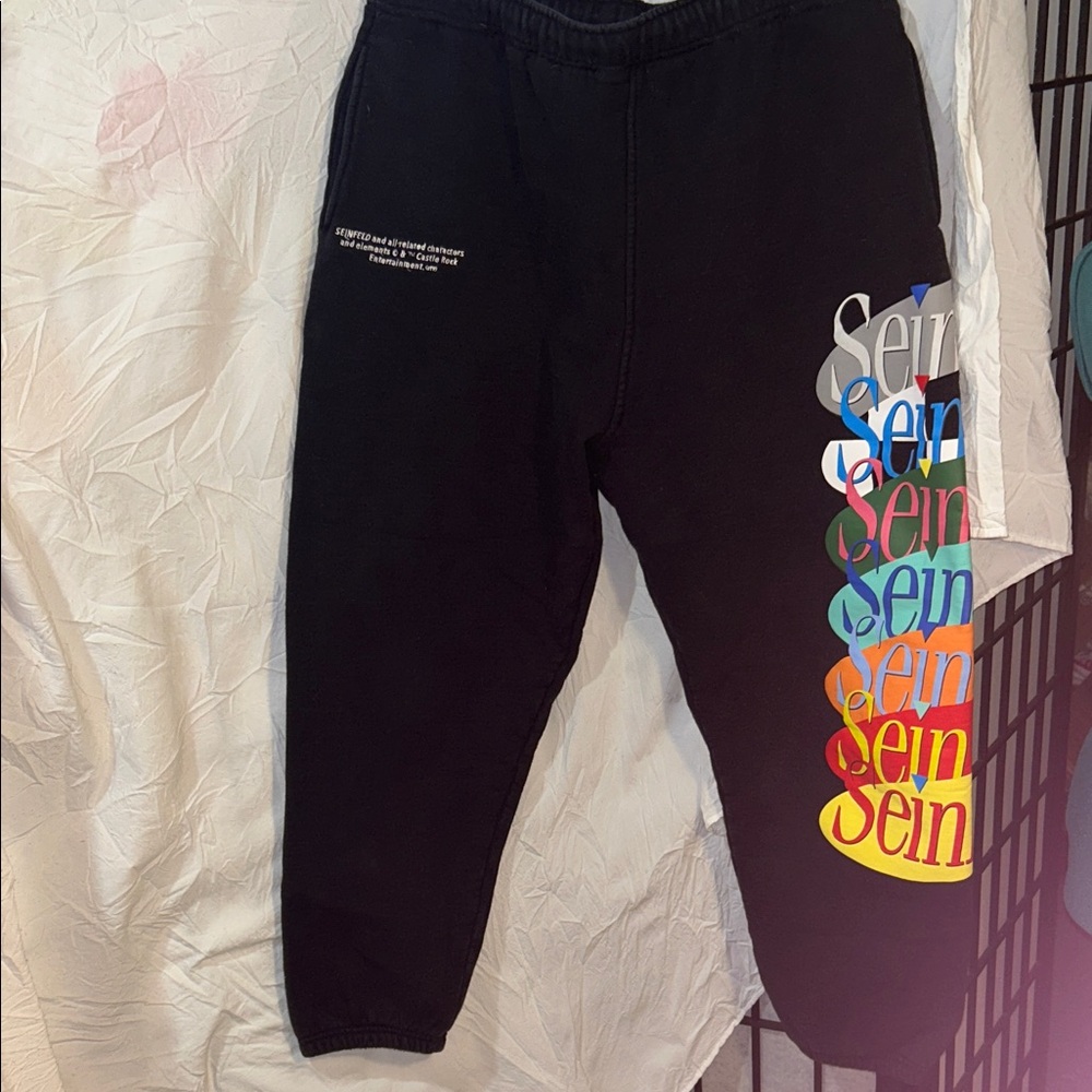 Seinfeld Black Men's Graphic Joggers with Rainbow Text size XL EUC